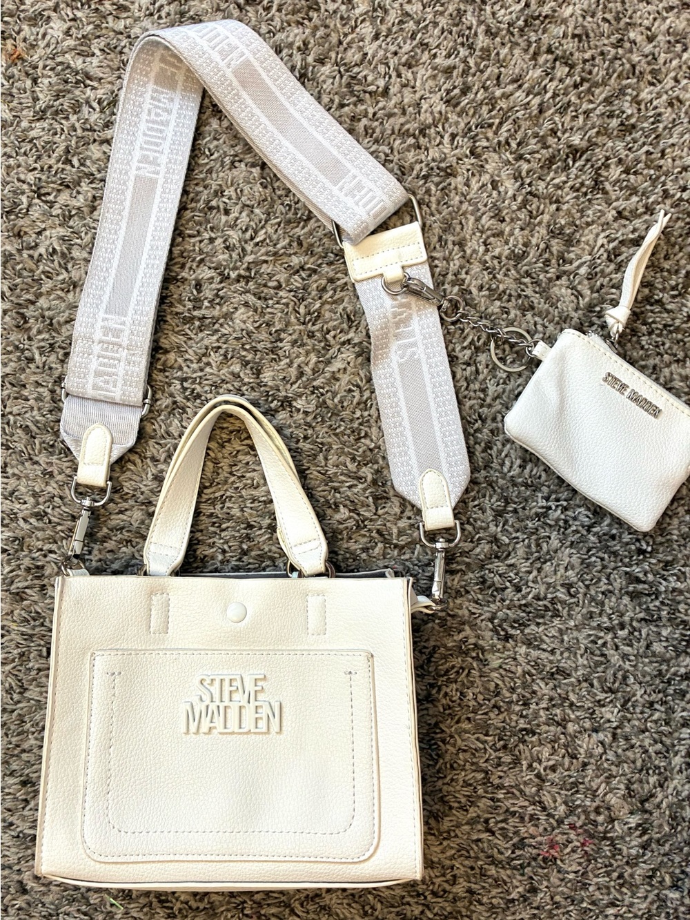 Steve Madden White Pebbled Leather Tote with Logo Strap and Coin Pouch